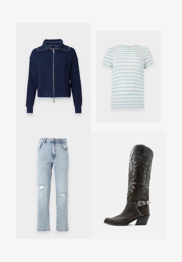Pull côtelé bleu marine à fermeture éclair avec un grand col, des éléments en métal argenté et un bord contrastant de couleur claire à l'ourlet et aux poignets.; T-shirt à manches courtes côtelé avec des rayures horizontales bleu clair et blanc et un col rond sur fond blanc.; Jean en denim bleu clair avec une coupe décontractée, présentant deux déchirures au niveau des genoux, cinq poches et un ourlet effiloché. Fermeture à bouton et à glissière.; Botte de cowboy en cuir noir avec découpes décoratives, boucle argentée et talon incliné, présentée sur fond blanc.