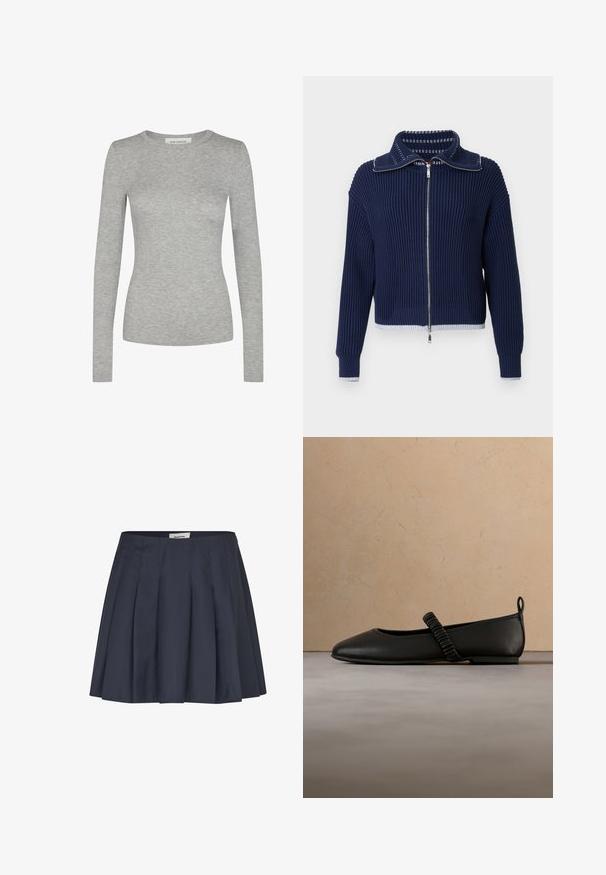 Mørkeblå, ribstrikket trøje med lynlås, stor krave, sølvfarvede metaldele og kontrasterende lysekanter ved kant og ærmer.; Sofie Schnoor SOFIE SCHNOOR - Langærmet T-shirt - grey mel; Mørkeblå plisseret nederdel med en glat tekstur, til midt på låret, og en skjult lynlås i siden; label synlig ved taljen.; Sort flad sko med elastisk, rynket rem over toppen, vist over en tekstureret beige tæppe og en lys beige sofa i baggrunden.