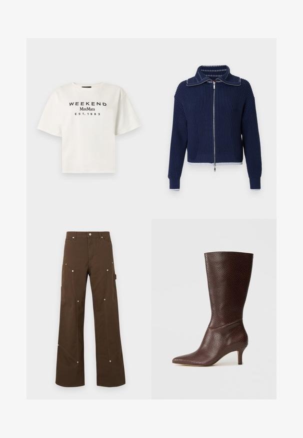 Pull côtelé bleu marine à fermeture éclair avec un grand col, des éléments en métal argenté et un bord contrastant de couleur claire à l'ourlet et aux poignets.; T-shirt blanc à manches courtes avec texte noir imprimé "WEEKEND MaxMara EST. 1983" centré sur le devant.; Pantalon droit marron avec poches avant et latérales, rivets argentés, passants de ceinture et fermeture par bouton sur fond blanc.; Bottine marron en simili cuir avec un bout pointu, un imprimé serpent texturé et un talon de 5 cm, présentant un design élégant et épuré.