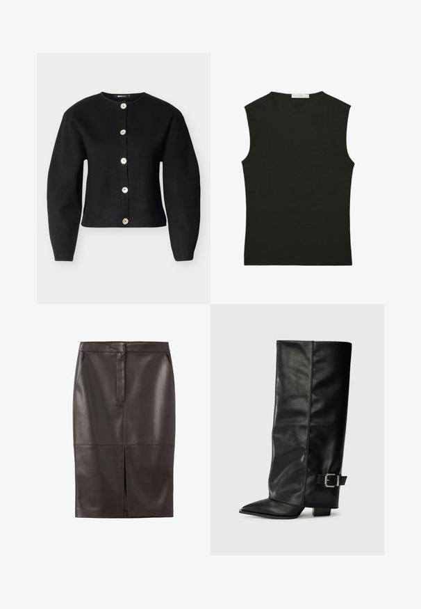 Sort cardigan lavet af strikstof med rund halsudskæring, lange ærmer og seks store, metalliske knapper foran.; Sort ærmeløs top lavet af glat stof; tætsiddende design med rund halsudskæring; ingen synlige mønstre eller detaljer.; Mørkebrun lædernederdel i knælængde med frontslids og skjult frontlukning.; Sorte læder ankelstøvler i ankellængde med spids tå, glat tekstur og en sølvspændeaccents på siden. Kraftig firkantet hæl.
