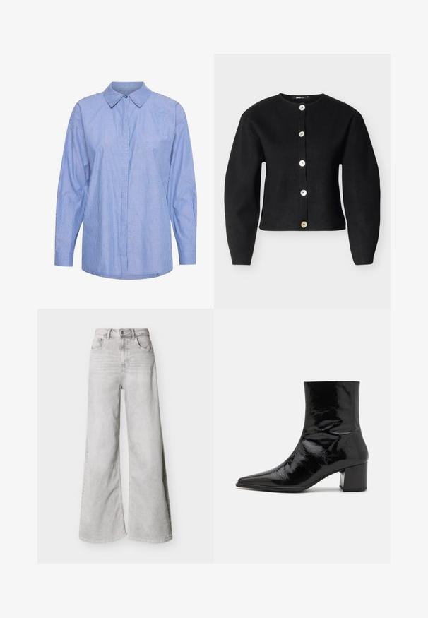 Sort cardigan lavet af strikstof med rund halsudskæring, lange ærmer og seks store, metalliske knapper foran.; Langærmet skjorte lavet af bomuld, med et blåt og hvidt stribet mønster, klassisk krave, knaplukning foran og afslappet pasform.; Lysegrå jeans med vid ben lavet af denim, med høj talje, forlommer og knaplukning. Glat tekstur med et diskret falmet look.; Sort patenteret læder ankelstøvle med spids tå, struktureret overdel og en kraftig hæl. Har en glat, skinnende overflade.