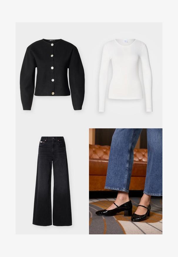 Sort cardigan lavet af strikstof med rund halsudskæring, lange ærmer og seks store, metalliske knapper foran.; Hvid langærmet skjorte lavet af et blødt, glat stof; har en rund halsudskæring og en tætsiddende facon uden mønstre eller pynt.; Sorte jeans med vide ben, høj talje, forreste knap og lynlås, bæltestropper og femlommedesign.; Sorte lakpumps med spids tå, blokhæl og ankelrem, båret med bredbenede denimjeans, på et mønstret tæppe.