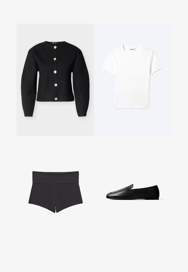 Cardigan noir en tissu tricoté, avec un col arrondi, des manches longues et six gros boutons métalliques sur le devant.; T-shirt blanc uni à manches courtes et col rond avec une petite étiquette "WEEKDAY" à l'intérieur de l'encolure, présenté à plat sur un fond clair.; Shorts noirs taille haute et ajustés avec une large ceinture et une petite fente à l'avant de chaque jambe, présentés sur un fond blanc.; Chaussure plate en cuir noir, à enfiler, avec un bout arrondi et un petit talon, sur un fond blanc.