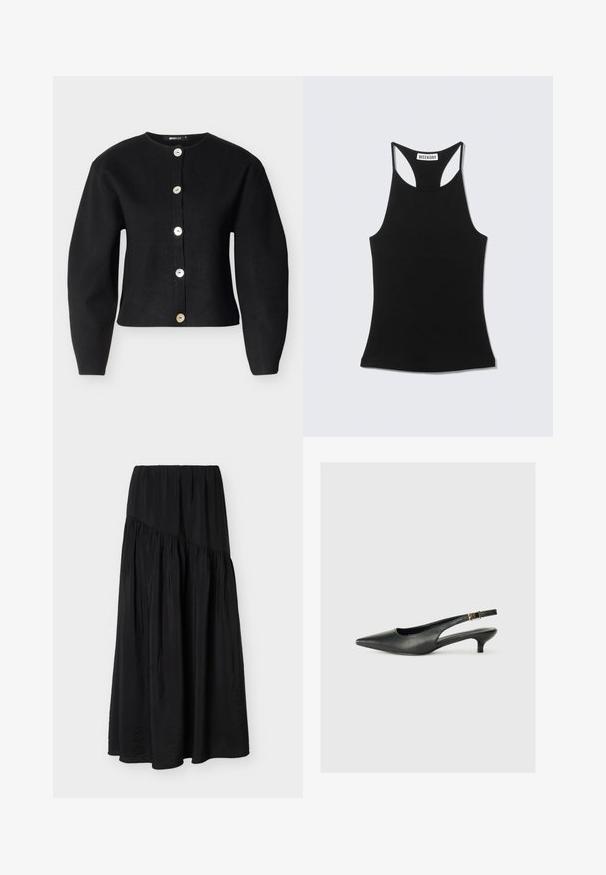 Sort cardigan lavet af strikstof med rund halsudskæring, lange ærmer og seks store, metalliske knapper foran.; Sort ærmeløs racerback-top med "WEEKDAY" label på øvre ryg, vist på en lys grå baggrund.; Sort ankel-lang nederdel med opsamlet stof og en diagonal sømdetalje på tværs foran.; Sorte spidse slingback-sko lavet af glat læder. Har en tynd hæl og en spænde detalje på den justerbare rem.