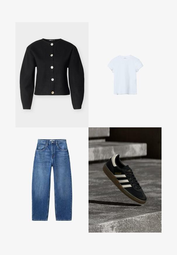 Cardigan noir en tissu tricoté, avec un col arrondi, des manches longues et six gros boutons métalliques sur le devant.; T-shirt uni bleu clair à manches courtes et col rond, étalé à plat sur un fond blanc.; Jean bleu clair en denim, avec une taille haute, une coupe droite, cinq poches, et une fermeture par bouton. Détail de décoloration minimale et coutures.; Baskets Adidas noires avec des bandes blanches et une semelle en gomme flottant au-dessus d'escaliers en béton gris sous une lumière naturelle.