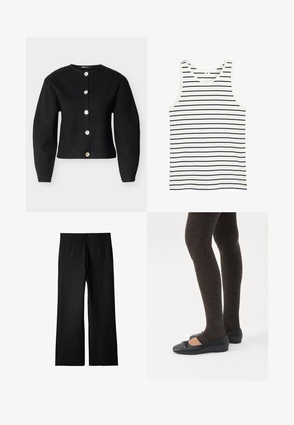 Sort cardigan lavet af strikstof med rund halsudskæring, lange ærmer og seks store, metalliske knapper foran.; Hvid ærmeløs tanktop med smalle sorte vandrette striber jævnt fordelt på stoffet.; Sorte bukser med bred ben, lavet af glat, letvægts stof; har frontfolder og en lige silhuet. Afsluttet med en ren kant.; Ben iført mørke ribbede leggings kombineret med sorte balletsko med små sløjfedetaljer på hvid baggrund.