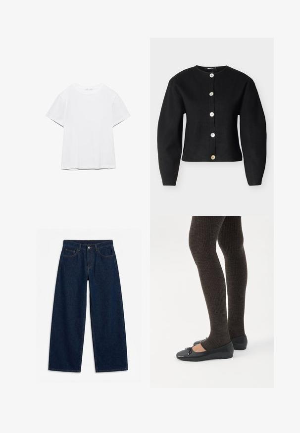 Cardigan noir en tissu tricoté, avec un col arrondi, des manches longues et six gros boutons métalliques sur le devant.; T-shirt blanc uni à manches courtes et col rond, avec un ourlet droit, présenté sur un fond blanc.; Jean denim bleu foncé à jambes larges avec bouton et fermeture éclair à l'avant, passants pour ceinture, et style cinq poches, posé à plat sur un fond blanc.; Jambes portant des leggings côtelés foncés associés à des ballerines noires avec de petits détails en nœud sur fond blanc.