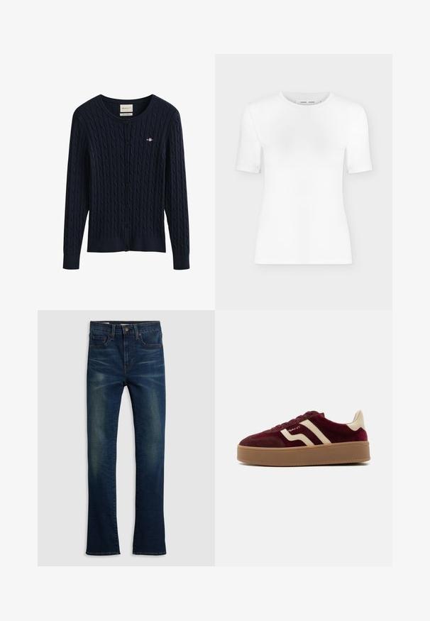 Cardigan bleu marine en maille torsadée à boutons, manches longues et petit logo brodé sur la poitrine.; T-shirt blanc à manches courtes avec col rond, coupe slim et texture de tissu côtelé, présenté sur un fond uni gris clair.; Jean en denim bleu foncé avec une coupe droite, style cinq poches et un léger délavage à l'avant.; Baskets en daim bordeaux avec des bandes latérales beiges, semelle épaisse en caoutchouc marron, languette beige au talon et lacets bordeaux, vue latérale.