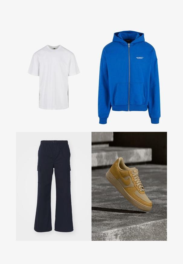 Blauwe zip-up hoodie van zachte stof, voorzien van een kangoeroezak en ribgebreide manchetten. Witte logo-tekst op de borst voegt detail toe.; Eenvoudig wit T-shirt met korte mouwen en ronde hals, met een losse pasvorm, afgebeeld tegen een witte achtergrond.; Marineblauwe cargo-broeken met een elastische tailleband, twee zijzakken en brede, uitlopende pijpen; gemaakt van een lichtgewicht stof met een gladde textuur.; Tan- en beige Nike Air Force 1 sneaker die boven een betonnen oppervlak zweeft met stenen trappen op de achtergrond.