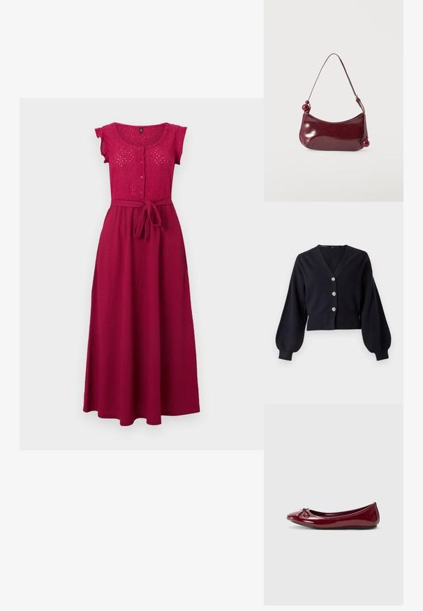 Cárdigan negro corto con mangas abullonadas y tres botones decorativos plateados en la parte delantera sobre un fondo blanco.; Vestido midi sin mangas fucsia con corpiño de encaje ojeteado, botones delanteros y cinturón de tela atado a la cintura, sobre un fondo claro.; Bailarina en charol burdeos brillante, con punta redondeada y pequeño lazo en la parte frontal. Textura suave, tacón bajo.; Bolso pequeño brillante de color rojo oscuro con un borde superior curvado y cuentas redondas decorativas en los extremos de la correa.