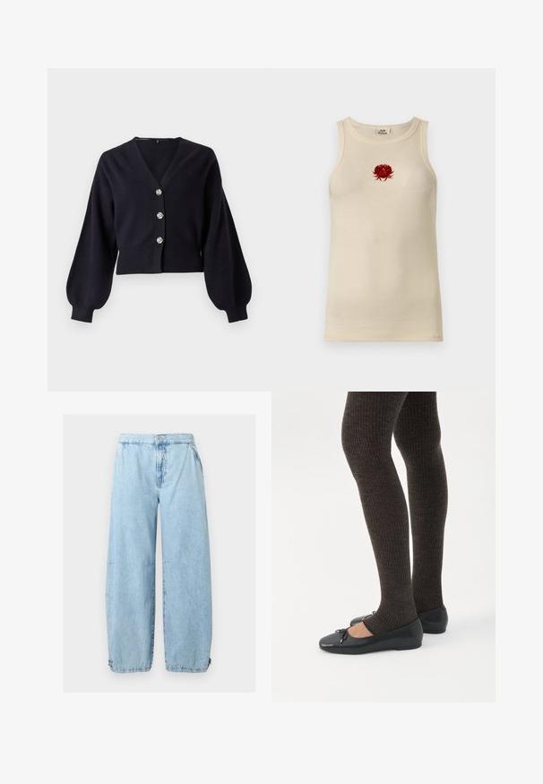 Cardigan noir court avec des manches ballon et trois boutons décoratifs en argent sur le devant, sur fond blanc.; Débardeur côtelé beige avec une petite broderie rouge de crabe centrée sur la poitrine.; Jean en denim bleu clair à jambes larges, fermeture par bouton et zip, poches latérales et cordons ajustables aux chevilles.; Jambes portant des leggings côtelés foncés associés à des ballerines noires avec de petits détails en nœud sur fond blanc.