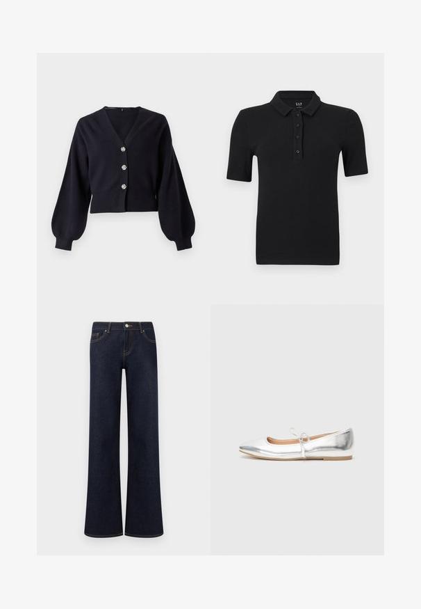 Sort cropped cardigan med ballonærmer og tre dekorative sølvknapper foran på en hvid baggrund.; Sort kortærmet ribstrikket poloshirt med fire knapper og en opslået krave, lagt fladt på en hvid baggrund.; Mørkeblå vidde denimjeans med forlommer, knap- og lynlåslukning samt synlige kontrastsyninger.; Sølv flad sko med spids tå, lavet af metallisk syntetisk materiale. Har en tynd strop med en dekorativ sløjfe. Glat tekstur.