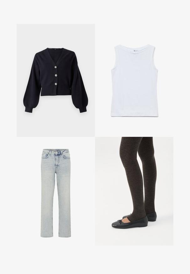 Cárdigan negro corto con mangas abullonadas y tres botones decorativos plateados en la parte delantera sobre un fondo blanco.; Camiseta blanca sin mangas de algodón con un amplio escote redondo y dobladillo recto, mostrada extendida sobre un fondo blanco.; My Essential Wardrobe WIDE 05 THE LOUIS 139 - Vaqueros boyfriend - light blue dirty wash; Piernas con leggings oscuros acanalados combinados con bailarinas negras que presentan pequeños detalles de lazo sobre un fondo blanco.