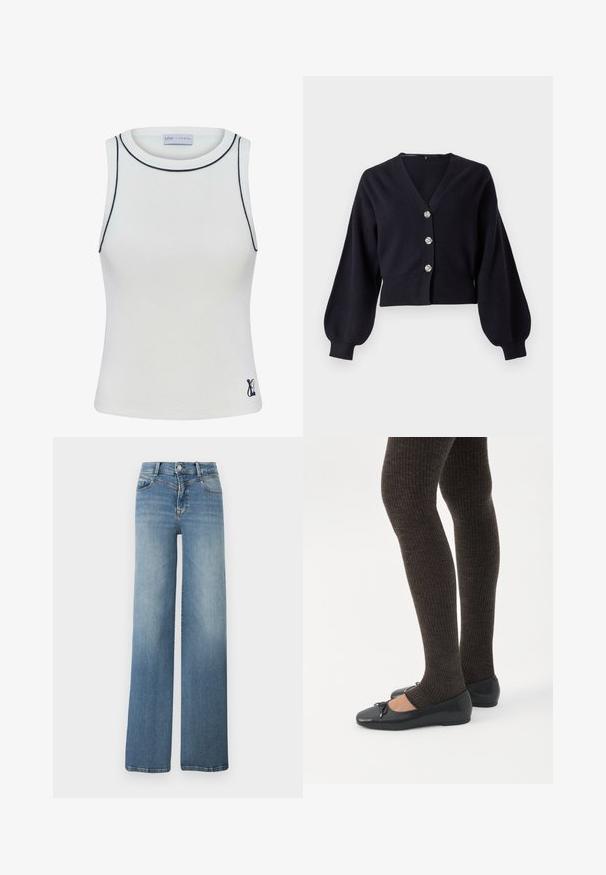 Sort cropped cardigan med ballonærmer og tre dekorative sølvknapper foran på en hvid baggrund.; Hvid, ribbet tanktop med høj halsudskæring og marineblå accents langs kanterne. Har et lille logo på nederste højre side. Strækbart materiale.; Lyseblå vidde-ben denimjeans med forlommer, knaplukning og falmet tekstur fra talje til kant.; Ben iført mørke ribbede leggings kombineret med sorte balletsko med små sløjfedetaljer på hvid baggrund.