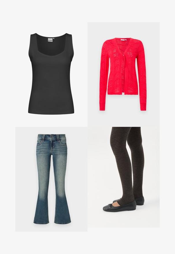 Cardigan en tricot rouge avec col en V, manches longues et fermeture à nouer. Présente un motif ondulé et une texture à mailles ouvertes pour une meilleure respirabilité.; Débardeur sans manches noir avec un col carré et une texture côtelée. Design simple sans embellissements ni motifs.; Jeans en denim bleu moyen avec un léger délavage au niveau des cuisses et des jambes évasées, présentant des poches avant, des passants de ceinture et une fermeture à double bouton.; Jambes portant des leggings côtelés foncés associés à des ballerines noires avec de petits détails en nœud sur fond blanc.