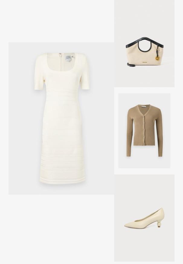 Cardigan beige en maille côtelée avec encolure en V, manches longues et cinq boutons à l'avant.; Robe blanche en tricot à côtes avec un décolleté carré et des manches courtes ; elle présente des motifs de texture horizontaux et une fermeture éclair au dos.; Chaussure femme couleur crème à bout pointu avec un petit talon rond en forme de boule, sur fond uni.; Sac à main en tissu beige avec garniture en cuir noir, découpe de poignée circulaire, bandoulière noire et breloque ronde dorée avec logo MK sur le côté droit.