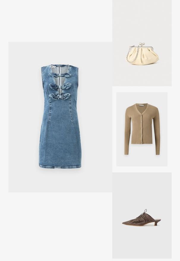 Cárdigan de punto beige acanalado con escote en V, mangas largas y cinco botones delanteros.; Vestido de denim con silueta ajustada, color azul claro, diseño sin mangas, que presenta tres lazos de tela a lo largo de la apertura delantera.; Mule de cuero marrón con punta afilada, textura recogida, tacón pequeño y un acento de cordón en la abertura. Acabado suave.; Clutch de cuero beige plisado con un marco de metal plateado, que cuenta con dos broches decorativos redondos y una correa de cadena plateada.
