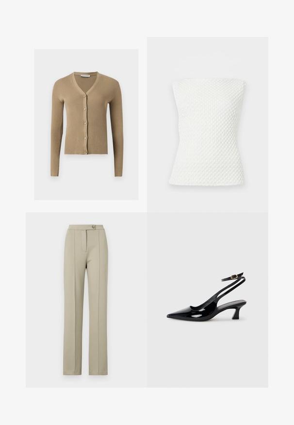 Beige Rippenstrick-Cardigan mit V-Ausschnitt, langen Ärmeln und fünf vorderen Knöpfen.; Weißes, strukturiertes, trägerloses Stricktop mit figurbetonter Silhouette und dezentem Wabenmuster.; Beige maßgeschneiderte Hose mit geradem Schnitt, ausgestattet mit einem Reißverschluss vorne, einem einzelnen Knopfverschluss und dezenten Bügelfalten entlang der Vorderbeine.; Schwarze Lackleder Slingback-Absätze mit spitzem Schuhblatt, niedrigem Blockabsatz und verstellbarem Knöchelriemen mit goldener Schnalle.