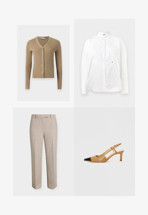 Cardigan beige en maille côtelée avec encolure en V, manches longues et cinq boutons à l'avant.; Chemise blanche à manches longues boutonnée avec col officier, plastron texturé et petit logo brodé "AX" sur le côté droit.; Pantalon beige droit sur mesure avec passants de ceinture, fermeture éclair devant et pli marqué sur fond blanc.; Escarpins slingback couleur fauve avec embout pointu noir, côtés découpés et talon bloc de hauteur moyenne. Matière en cuir lisse.