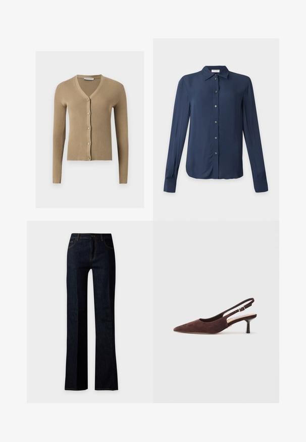 Beige Rippenstrick-Cardigan mit V-Ausschnitt, langen Ärmeln und fünf vorderen Knöpfen.; Dunkelblaues Langarmhemd mit Knöpfen, Kragen und Manschetten, flach auf hellem Hintergrund dargestellt.; Dunkelblaue Jeans mit geradem Bein, Fronttaschen und sichtbaren Nähten, auf einem schlichten hellen Hintergrund gezeigt.; Braune Wildleder-Slingback-Schuhe mit spitzer Zehenform und schmalem Absatz. Verfügt über einen verstellbaren Riemen mit einer Metall-Schnalle.