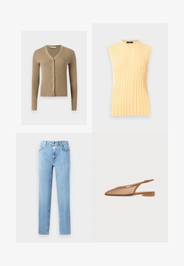 Beige geribbelde gebreide cardigan met V-hals, lange mouwen en vijf knopen aan de voorkant.; Mouwloos lichtgeel geribbeld gebreid topje met een hoge ronde halslijn en verticale, geribbelde strepen.; Lichtblauwe denim jeans met een rechte pijp, vijf-pocket ontwerp en metalen knoopsluiting. Gelaagd stof met minimale vervaging.; Bruine slingback platte schoen met puntige neus, dunne band met gesp en lage blokhak op witte achtergrond.
