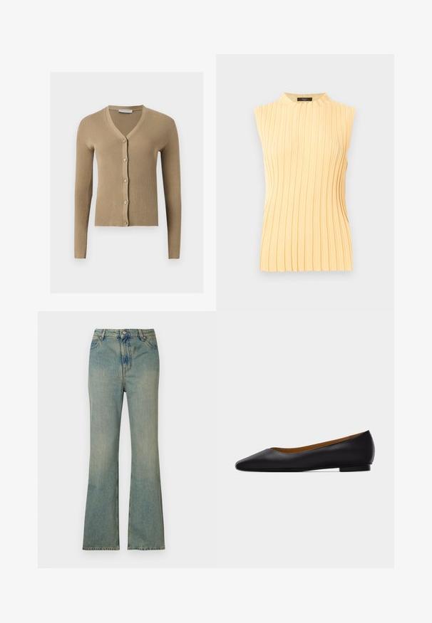 Beige ribstrikket cardigan med V-hals, lange ærmer og fem knapper foran.; Ærmeløs lys gul ribstrikket top med høj rund halsudskæring og lodrette teksturerede striber.; Lysblå denim flare jeans med høj talje, fem lommer og lynlås. Ren, falmet finish med subtile syninger.; Sort læder flad sko med spids tå, lav hæl og glat finish, vist fra siden på en lysegrå baggrund.