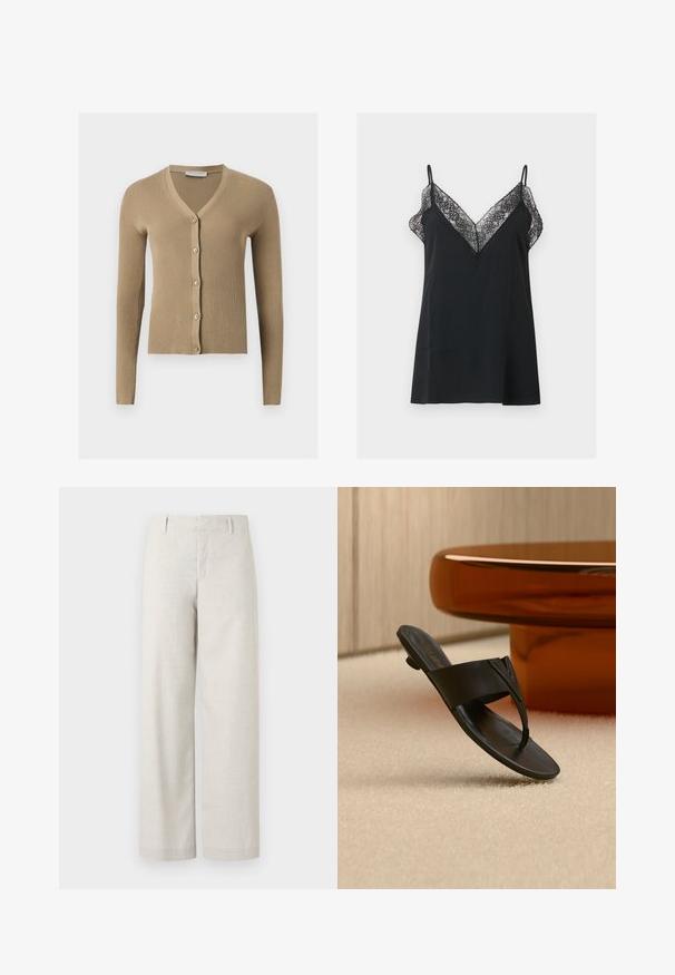 Cardigan beige en maille côtelée avec encolure en V, manches longues et cinq boutons à l'avant.; Robe nuisette noire sans manches avec une délicate bordure en dentelle le long d'un décolleté plongeant en V et de fines bretelles sur un fond uni.; Pantalon beige taille haute à coupe droite, avec passants de ceinture et une fermeture avant dissimulée, sur un fond uni.; Sandale en cuir noir avec talon bas flottant au-dessus d'un tapis beige près d'une table ronde marron dans un cadre intérieur minimaliste.