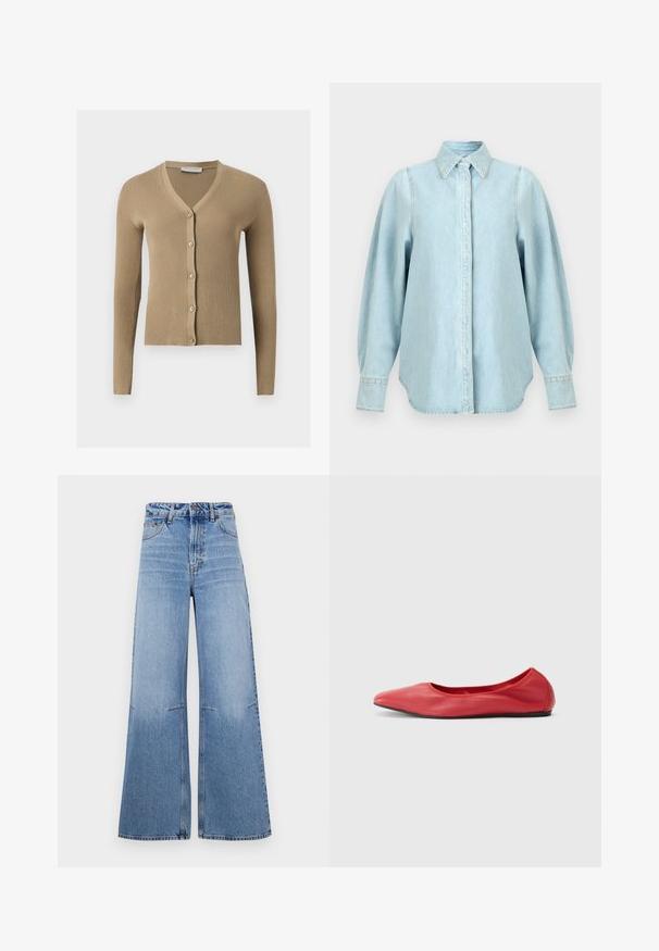 Beige Rippenstrick-Cardigan mit V-Ausschnitt, langen Ärmeln und fünf vorderen Knöpfen.; Hellblaues Jeanshemd mit langen, aufgeplusterten Ärmeln, spitzem Kragen, geknöpften Manschetten und verdeckter vorderer Knopfleiste.; Helle blaue weit geschnittene Jeans mit high waist, ausgestattet mit frontalen Taschen und Nahtdetails, die vertikal entlang der Beine verlaufen.; Filippa K REY FLATS - Klassischer Ballerina - bright red