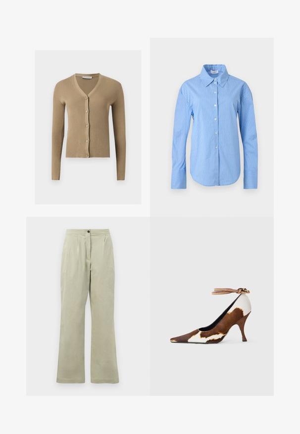 Beige ribstrikket cardigan med V-hals, lange ærmer og fem knapper foran.; Blå og hvid langærmet skjorte med lodrette striber, knapper foran, spids krave og brede manchetter.; Lysgrønne brede bukser lavet af blødt stof, med en frontknaplukning, plisseringer og en ren kant.; Brune og hvide ko-print højhælede sko med spids tå, tekstureret overflade og en ankelrem med en lys brun spænde.
