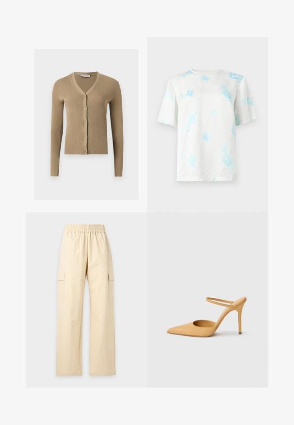 Cardigan beige en maille côtelée avec encolure en V, manches longues et cinq boutons à l'avant.; T-shirt blanc à manches courtes avec motif tie-dye floral bleu clair, col rond et coupe régulière, présenté sur un fond uni.; Pantalon beige à jambes larges avec ceinture élastique et poches cargo latérales, présenté sur un fond clair uni.; Chaussure à talon aiguille beige à bout pointu avec une fine bride de cheville sur fond blanc.