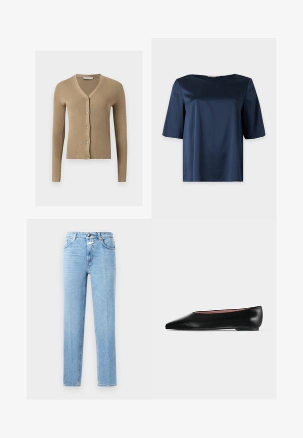 Beige geribbelde gebreide cardigan met V-hals, lange mouwen en vijf knopen aan de voorkant.; Marineblauwe satijnen blouse met korte mouwen, een ronde halslijn en een losse pasvorm, getoond tegen een effen achtergrond.; Lichtblauwe denim jeans met een rechte pijp, vijf-pocket ontwerp en metalen knoopsluiting. Gelaagd stof met minimale vervaging.; Zwarte leren damesschoen met platte zool, puntige neus en lage hak, zijwaarts afgebeeld tegen een effen lichtgrijze achtergrond.