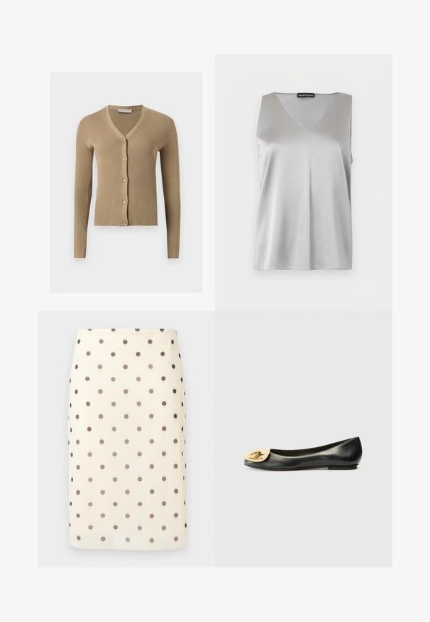 Cárdigan de punto beige acanalado con escote en V, mangas largas y cinco botones delanteros.; Top sin mangas de satén plateado con escote en V y etiqueta de Emporio Armani sobre un fondo blanco.; Falda lápiz de color crema con lunares negros espaciados uniformemente y corte recto hasta la rodilla.; Bailarinas de cuero negro con punta redonda, que presentan un acento metálico dorado en forma de concha en la parte delantera. Textura suave, tacón bajo.