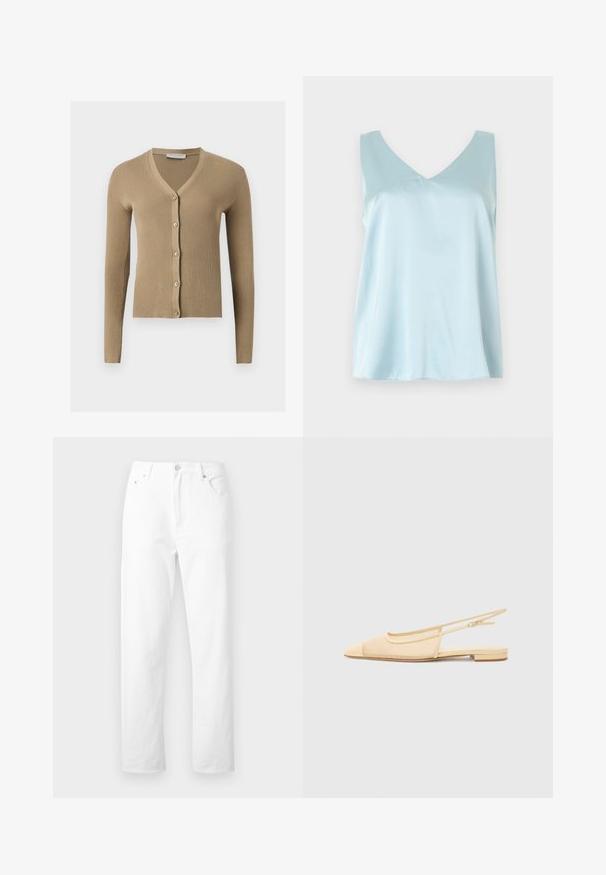 Cardigan beige en maille côtelée avec encolure en V, manches longues et cinq boutons à l'avant.; Haut sans manches en satin bleu clair avec encolure en V, coupe ample et texture lisse et brillante sur un fond uni.; Jean denim blanc à jambes droites avec poches avant, passants pour ceinture et fermeture par bouton, présenté sur un fond blanc uni.; Chaussure plate slingback en beige clair avec une tige en maille, un bout pointu et un petit talon. Dotée d'une sangle ajustable pour un bon maintien.