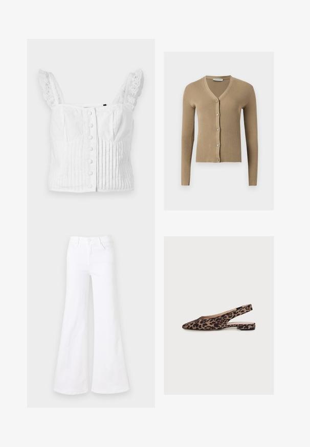 Cardigan beige en maille côtelée avec encolure en V, manches longues et cinq boutons à l'avant.; Haut court sans manches blanc avec boutons à l'avant, plis verticaux et bretelles bordées de dentelle.; Jeans évasés blancs en denim, avec une taille haute, un design à cinq poches et une fermeture à boutons à l'avant. Texture lisse.; Chaussure slingback plate à imprimé léopard, bout pointu et talon bas, vue de côté sur fond blanc uni.