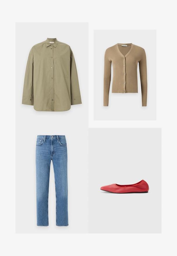 Cardigan beige en maille côtelée avec encolure en V, manches longues et cinq boutons à l'avant.; Chemise beige à manches longues avec col, boutons sur le devant et une poche poitrine unique, présentée à plat sur un fond blanc.; Jean denim bleu classique à jambes droites avec bouton frontal, fermeture éclair et conception à cinq poches sur un fond clair uni.; Filippa K REY FLATS - Ballerines - bright red