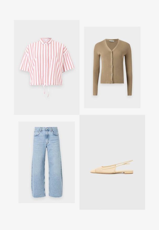 Cardigan beige en maille côtelée avec encolure en V, manches longues et cinq boutons à l'avant.; Chemise blanche à manches courtes avec des rayures rouges verticales, boutonnage sur le devant, col et cordon de serrage à l'ourlet.; Jean bleu clair taille haute à jambes larges avec poches devant et derrière, fermeture à bouton et coutures visibles.; Chaussure plate slingback en beige clair avec une tige en maille, un bout pointu et un petit talon. Dotée d'une sangle ajustable pour un bon maintien.