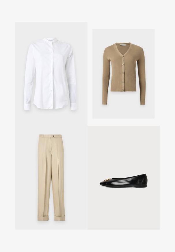 Cardigan beige en maille côtelée avec encolure en V, manches longues et cinq boutons à l'avant.; Chemise blanche à manches longues avec un col mandarin, en tissu lisse, dotée d'une patte de boutonnage à l'avant et d'une coupe ajustée. Sans motifs ni accents.; Pantalon beige taille haute avec plis, passants pour ceinture, fermeture par bouton et zip, et ourlets retroussés sur un fond uni.; Chaussure plate en cuir noir avec un bout pointu et un emblème décoratif doré sur fond blanc uni.