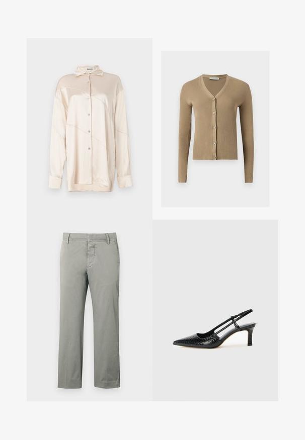 Cárdigan de punto beige acanalado con escote en V, mangas largas y cinco botones delanteros.; AERON ABIGAIL SHIRT - Blusa - silver; Pantalones chinos de color gris claro hechos de algodón, con un diseño de pierna recta, trabillas para cinturón, bolsillos frontales y cierre de cremallera con botón.; Tacón slingback negro de charol con punta afilada, que presenta un estampado de serpiente texturizado, correa ajustable y un tacón bloque corto y texturizado.