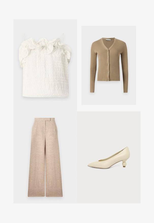 Béžový rebrovaný pletený kardigán s véčkovým výstrihom, dlhými rukávmi a piatimi gombíkmi vpredu.; Hofmann Copenhagen EXCLUSIVE GENEVIVE - Top - off white; Béžové nohavice širokého strihu s vysokým pásom, jemnými prednými záhybmi a skrytým predným zapínaním.; Dámska topánka krémovej farby s ihličkovou špičkou a nízkym, guľatým guľovitým podpätkom na jednofarebnom pozadí.