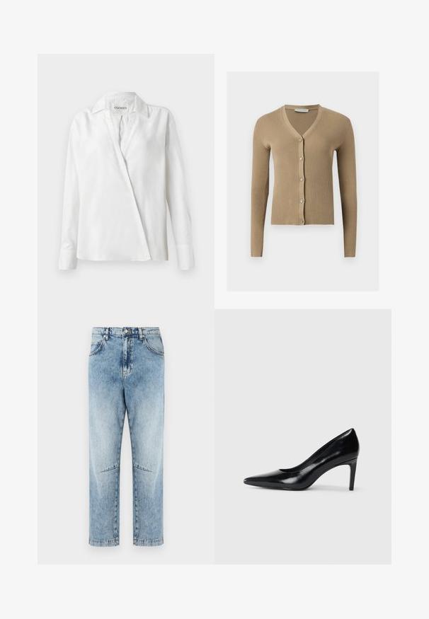 Beige ribstrikket cardigan med V-hals, lange ærmer og fem knapper foran.; Hvid langærmet skjorte lavet af glat stof, med en kravehalsudskæring og en diagonalt frontlukning med en let løs pasform.; Lyseblå højtaljede jeans med lige ben, falmet vask, for- og baglommer, bæltestropper, knaplukning og knæsøm detaljer.; Sort læder højhælede sko med spids tå, glat tekstur og en taperet hæl. Minimalistisk design uden yderligere udsmykninger.