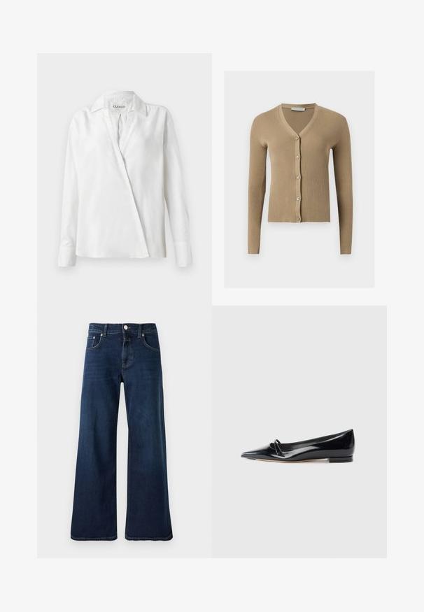 Beige ribstrikket cardigan med V-hals, lange ærmer og fem knapper foran.; Hvid langærmet skjorte lavet af glat stof, med en kravehalsudskæring og en diagonalt frontlukning med en let løs pasform.; Højttaljede mørkeblå jeans med vidde ben, forreste knapper og lynlås, for- og baglommer samt bæltestropper.; Sorte patentlæder flade sko med spids tå, lille dekorativ rem og lav blokhæl. Glat tekstur og strømlinet design.