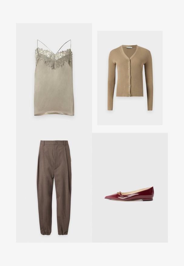Cardigan beige en maille côtelée avec encolure en V, manches longues et cinq boutons à l'avant.; Robe camisole en satin beige avec une délicate bordure en dentelle le long du décolleté et fines bretelles spaghetti, présentée sur un fond blanc.; Pantalon marron sur mesure avec plis, passants pour ceinture et poignets élastiqués, présenté sur fond blanc.; Ballerines en cuir verni bordeaux avec un bout pointu, présentant un petit détail découpé et un petit talon. Texture lisse et design épuré.