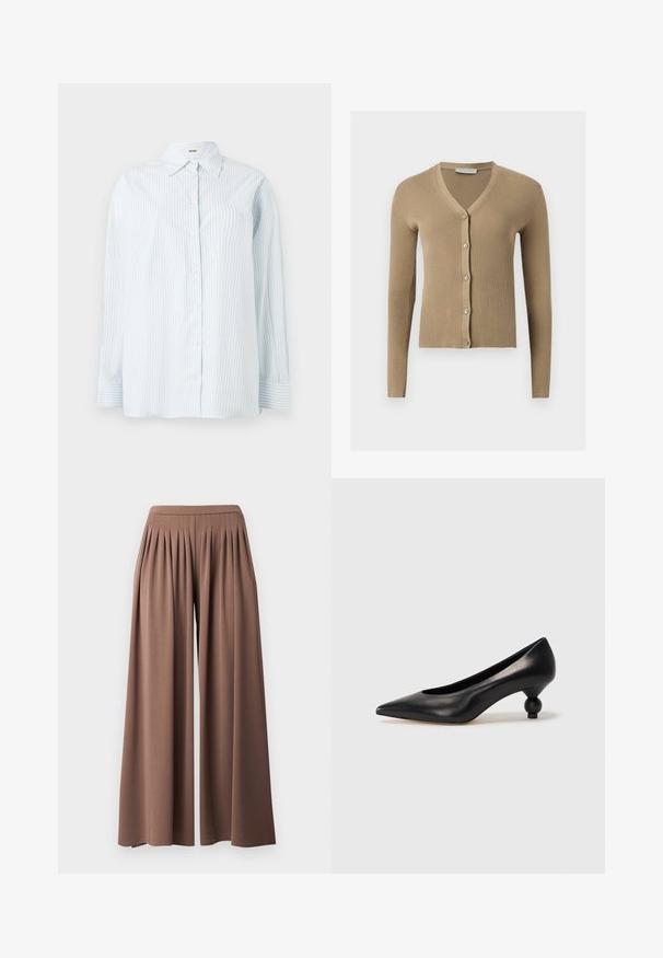 Cárdigan de punto beige acanalado con escote en V, mangas largas y cinco botones delanteros.; Camisa de botones de rayas azul claro, hecha de una tela con textura suave; cuenta con un cuello clásico y mangas largas con puños de botón.; Pantalones marrones de pierna ancha con cintura alta y pliegues en la parte delantera, creando un ajuste fluido y relajado.; Zapato de tacón alto de cuero negro con puntera afilada y un tacón redondeado y abombado. Textura suave con un diseño elegante y minimalista.