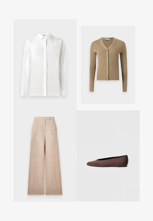Cardigan beige en maille côtelée avec encolure en V, manches longues et cinq boutons à l'avant.; Chemise blanche à manches longues avec un col boutonné, texture lisse, coupe droite et patte de boutonnage cachée. Tissu doux et léger sans motifs.; Pantalon beige à jambes larges avec une taille haute, des plis subtils à l'avant et une fermeture avant dissimulée.; Ballerines en tissu marron avec un bout pointu et une texture lisse, dotées d'un talon bas et d'une fine semelle noire. Aucune motif ni élément métallique visible.