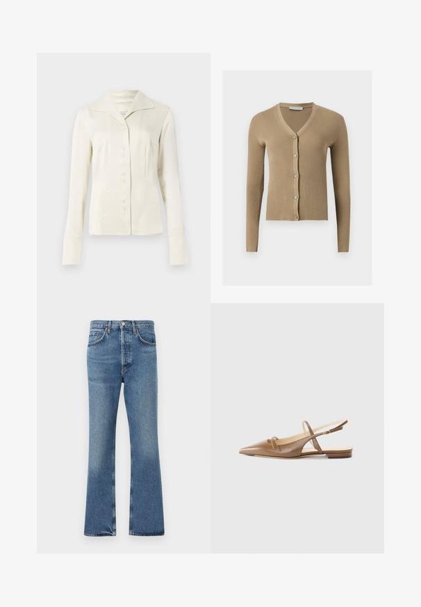 Beige ribstrikket cardigan med V-hals, lange ærmer og fem knapper foran.; Off-white langærmet skjorte med knapper, bred krave og figursyet talje, præsenteret mod en plain lys baggrund.; Blå denimjeans med høj talje, knap- og lynlåslukning, lommer foran og bagpå samt let udvidede ben.; Brune lædersandaletter med spidse tæer, to smalle stropper og en lav hæl. Glat tekstur med en poleret finish.