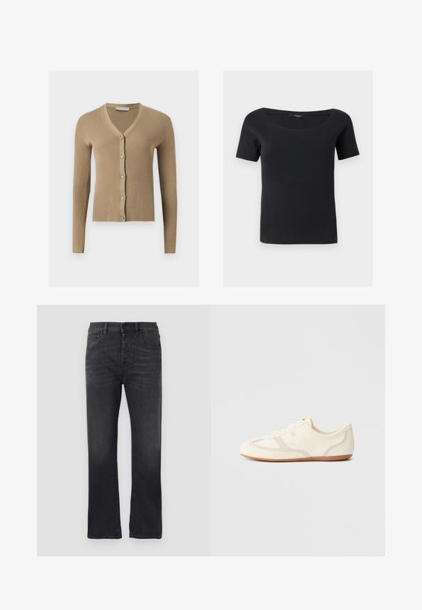 Beige värillinen ribbineulottu neuletakki V-aukolla, pitkillä hihoilla ja viidellä napilla edessä.; Musta, lyhythihainen istuva paita, jossa leveä pyöreä pääntie, valmistettu sileästä kankaasta, esitetty litteänä vaaleanharmaata taustaa vasten.; Musta denimi-housut suoralla lahkeella, joissa on klassinen viisi taskua -muotoilu, nappisulku ja hieno haalistuminen kankaassa.; Kermansävyiset tennarit, joissa mokkanahka- ja kangaspäällinen, pyöreä kärki ja kumipohja beigeillä koristeyksityiskohdilla. Nauhallinen malli.