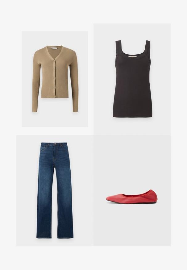 Cardigan beige en maille côtelée avec encolure en V, manches longues et cinq boutons à l'avant.; Débardeur noir côtelé sans manches avec larges bretelles et encolure carrée, posé à plat sur un fond uni clair.; Jean en denim bleu foncé, taille haute, jambes droites et larges, fermeture avant par boutons, fermeture éclair, poches avant et arrière.; Filippa K REY FLATS - Ballerines - bright red