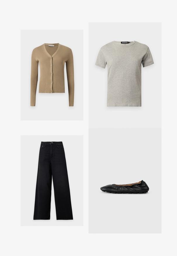 Beige Rippenstrick-Cardigan mit V-Ausschnitt, langen Ärmeln und fünf vorderen Knöpfen.; Hellgraues kurzärmeliges Baumwoll-T-Shirt mit Rundhalsausschnitt und sichtbarem schwarzem Label im Kragen mit der Aufschrift "DENIM" und Größe "S".; Schwarze Jeans mit hoher Taille und weitem Bein, mit Gürtelschlaufen, Frontknopf und Taschen vorne und hinten.; Schwarze Leder-Ballettschuhe mit gerafften Details am Kragen, runder Spitze und flexiblem Gummisohle. Ganze Oberfläche mit glatter Textur.