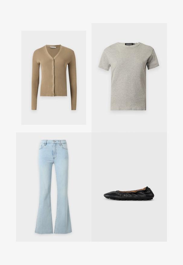 Cardigan beige en maille côtelée avec encolure en V, manches longues et cinq boutons à l'avant.; T-shirt en coton gris clair à manches courtes et col rond avec une étiquette noire visible à l'intérieur du col indiquant "DENIM" et la taille "S."; Jean en denim bleu clair taille haute avec jambes évasées, fermeture par bouton et fermeture éclair, poches avant et arrière.; Ballerines en cuir noir avec des détails froncés au col, bout rond et semelle en caoutchouc flexible. Texture lisse dans l'ensemble.