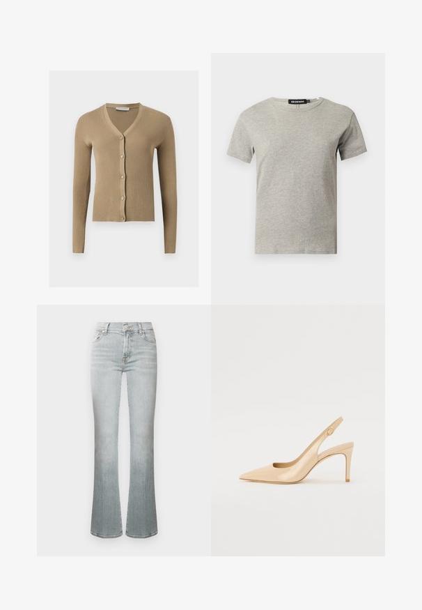 Cardigan beige en maille côtelée avec encolure en V, manches longues et cinq boutons à l'avant.; T-shirt en coton gris clair à manches courtes et col rond avec une étiquette noire visible à l'intérieur du col indiquant "DENIM" et la taille "S."; Jean flare bleu clair à taille haute, fabriqué en denim. Comprend une fermeture par bouton, cinq poches, et un délavage subtil pour la texture.; Escarpin slingback en cuir verni nude avec un bout pointu, un décolleté ouvert et un talon aiguille fin. Comprend un accent doré circulaire sur la sangle.